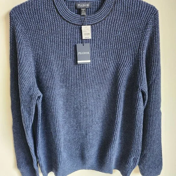 XXL Sweater Blue Navy Jos A Bank Crewneck Chunky Knit Tailored Fit Mens Wool Mix - Picture 8 of 17